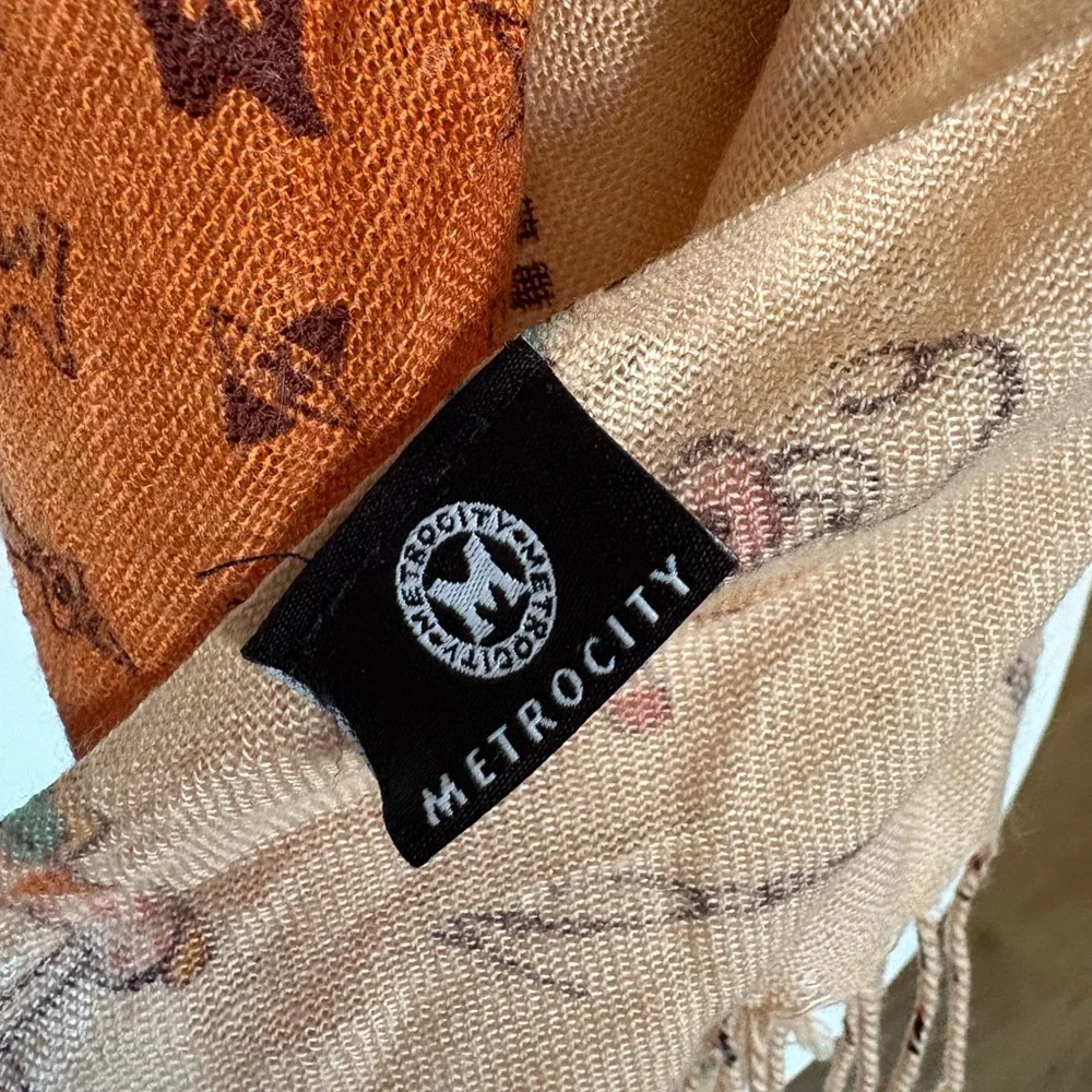 Metrocity Eclectic Patterned Scarf in Brown and Orange Tasseled One Size